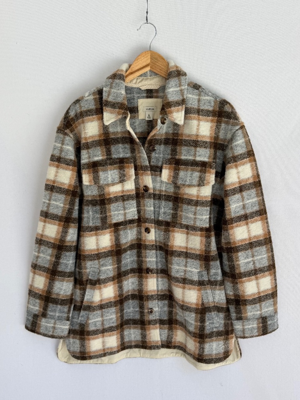 L.L. BEAN Women’s Medium Brushed Plaid Shacket in Cream, Gray & Brown